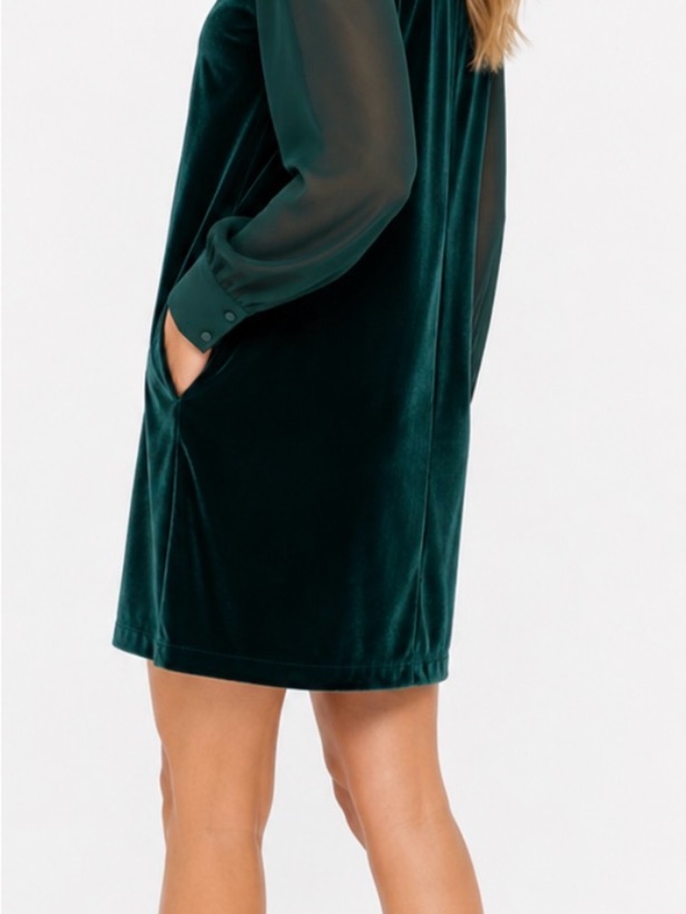 J. Crew Emerald Green Velvet Sheer Long-Sleeve Shift Dress Sz 14 Holiday Pockets
